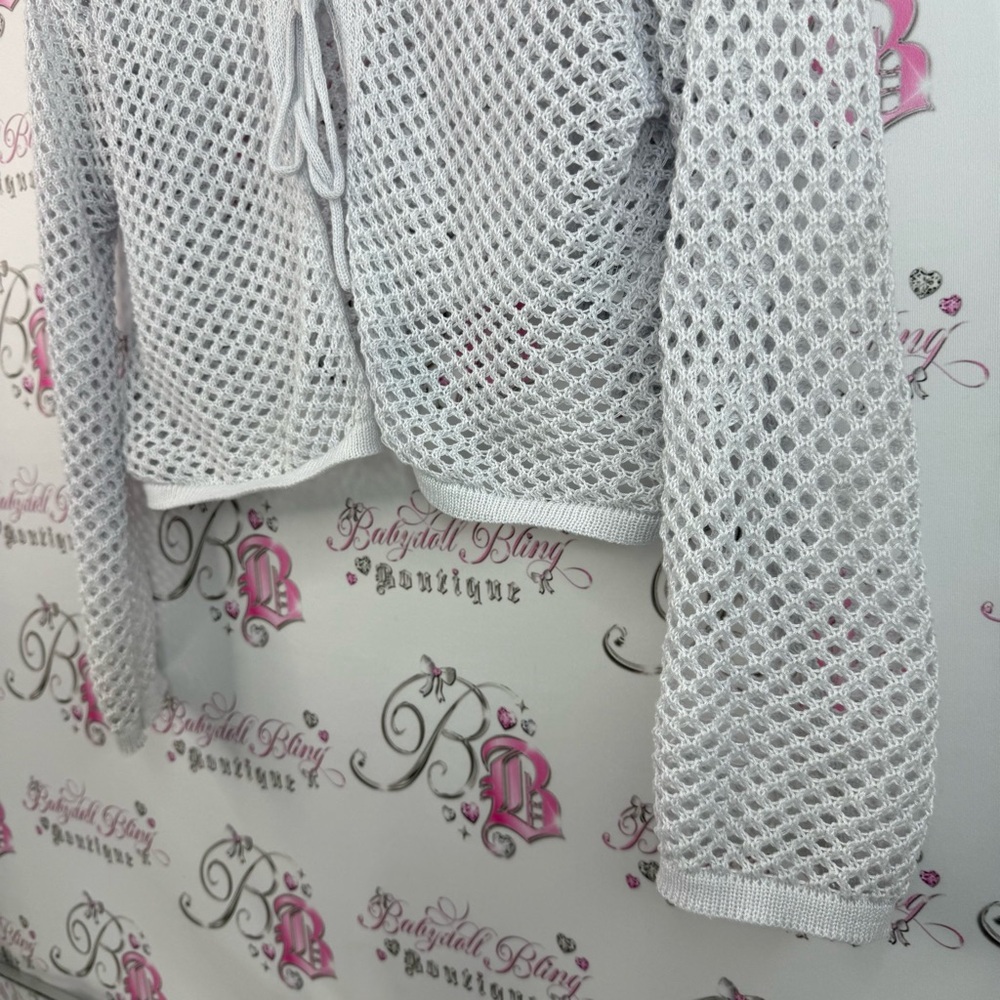 Ardene tie up shirt knit White Open Knit Cropped Tie-Front Sweater - Picture 3 of 10